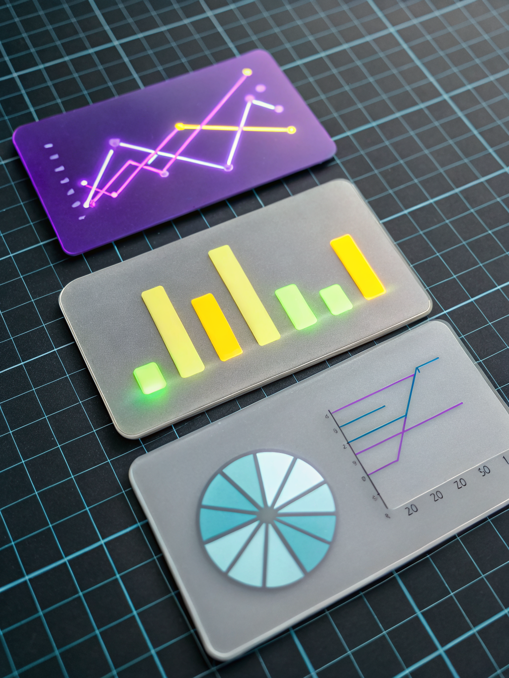 Glass card stack showing preference card conflict resolution and progress bars